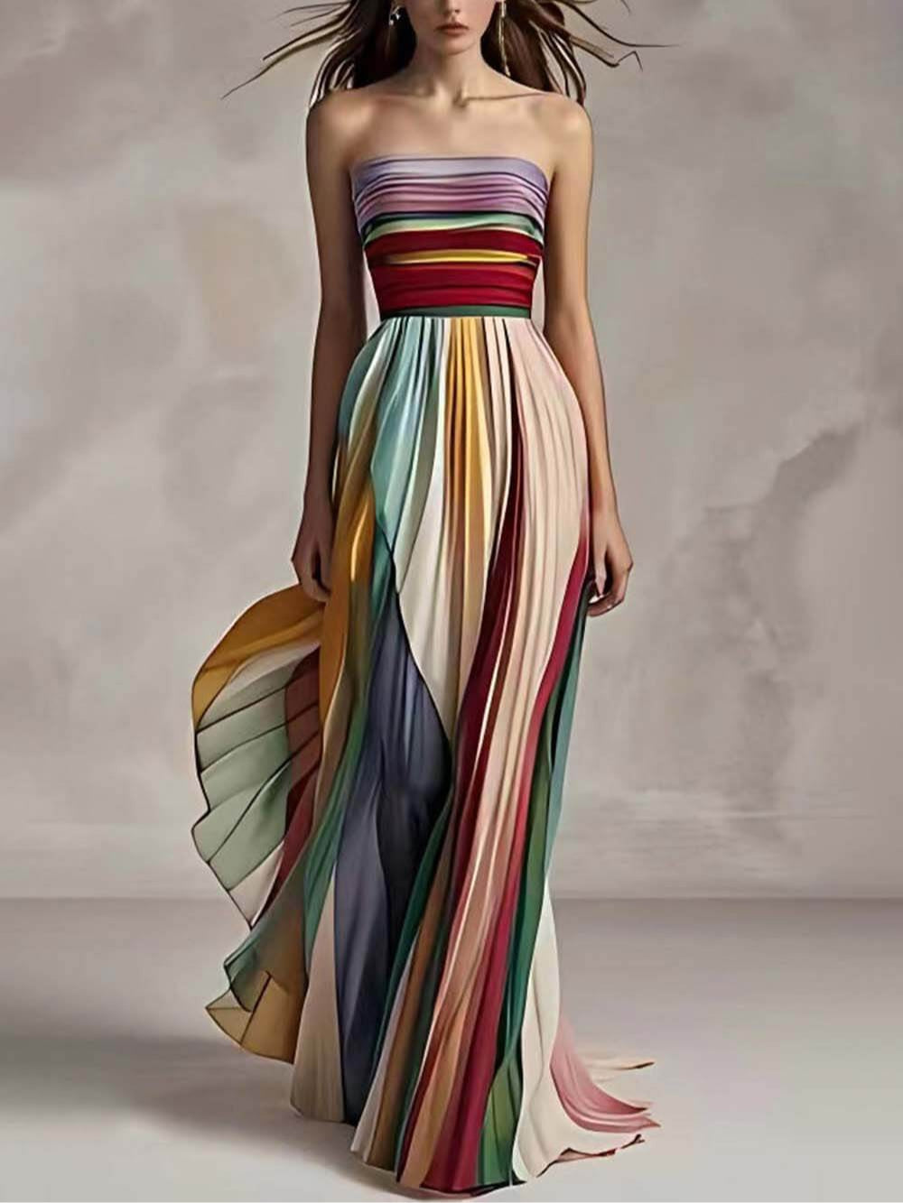 Abito Maxi Bandeau Plissettato Elegante con Stampa a Righe