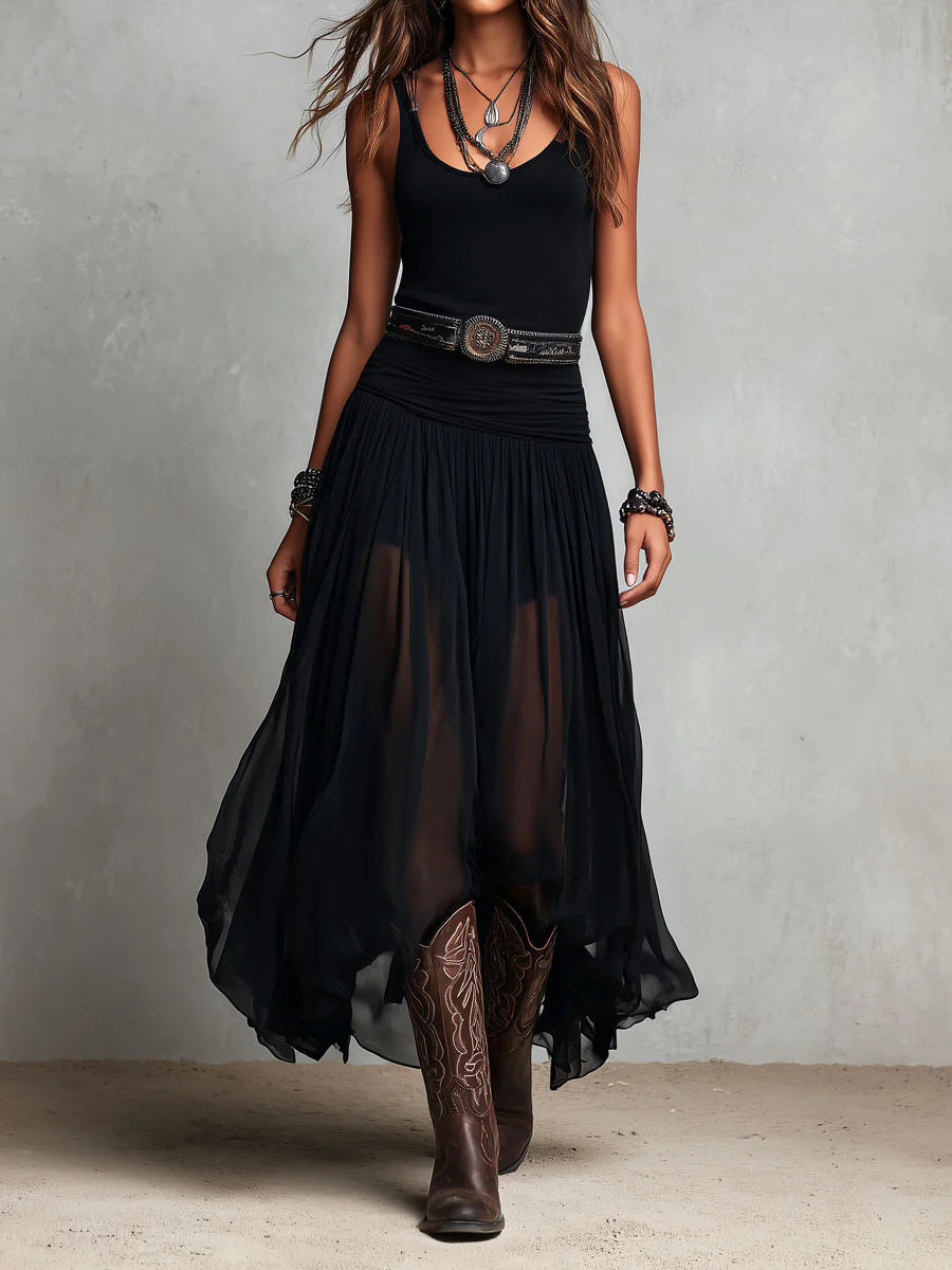 Top senza maniche nero con gonna in tulle, abito maxi (con cintura)