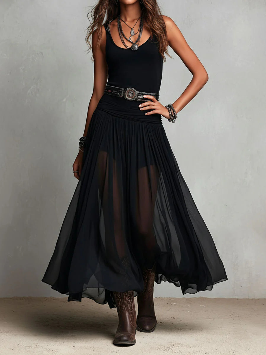 Top senza maniche nero con gonna in tulle, abito maxi (con cintura)