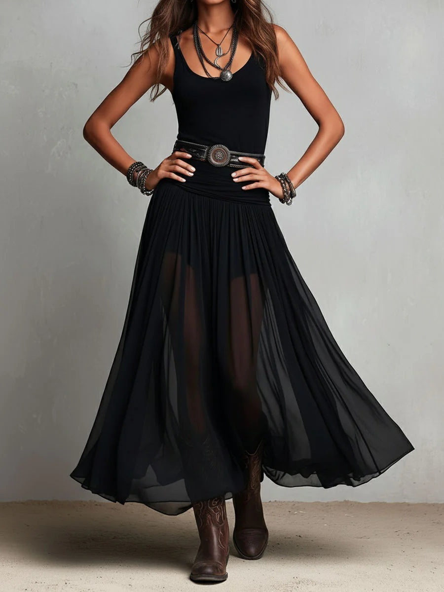 Top senza maniche nero con gonna in tulle, abito maxi (con cintura)