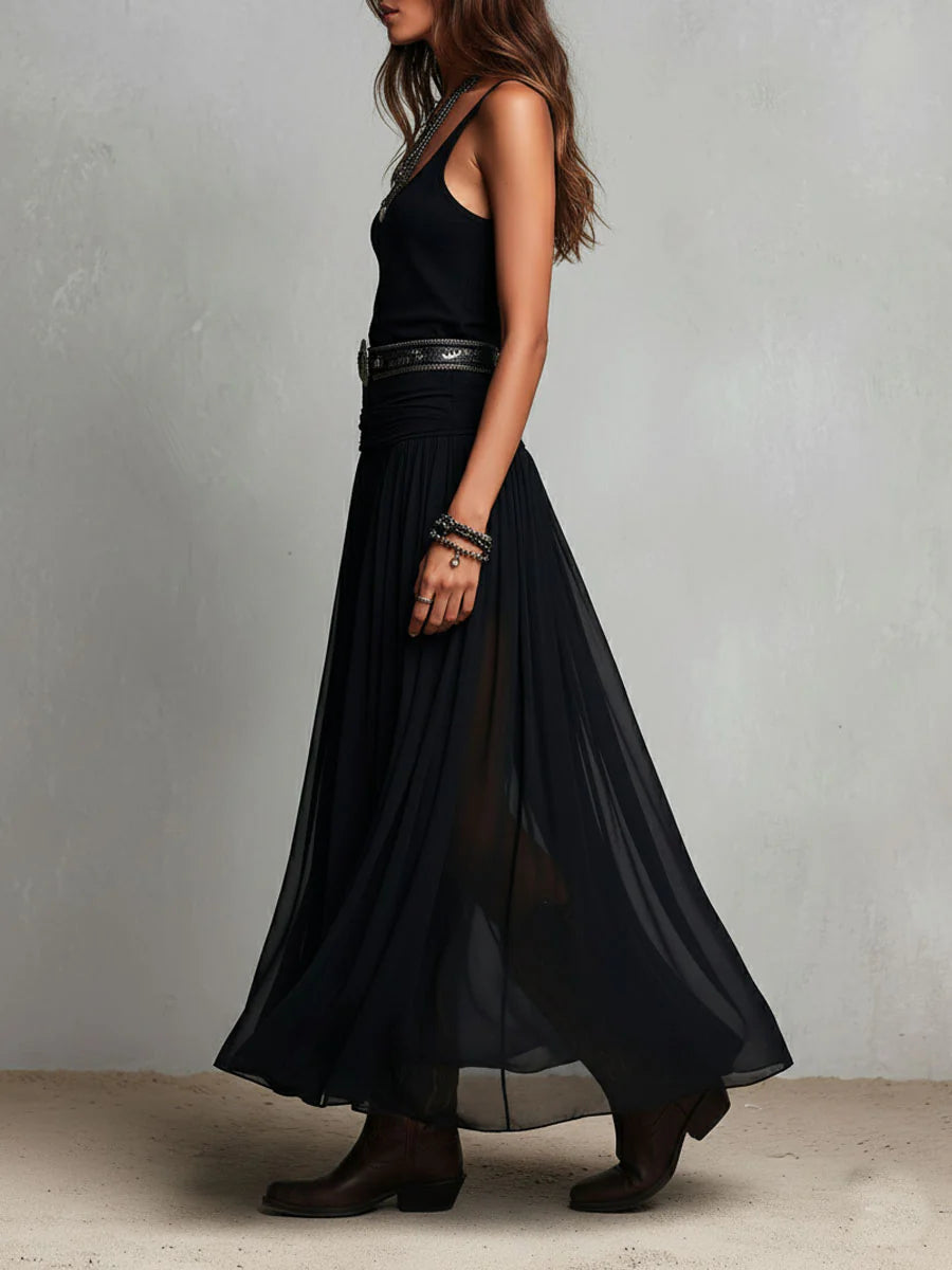 Top senza maniche nero con gonna in tulle, abito maxi (con cintura)