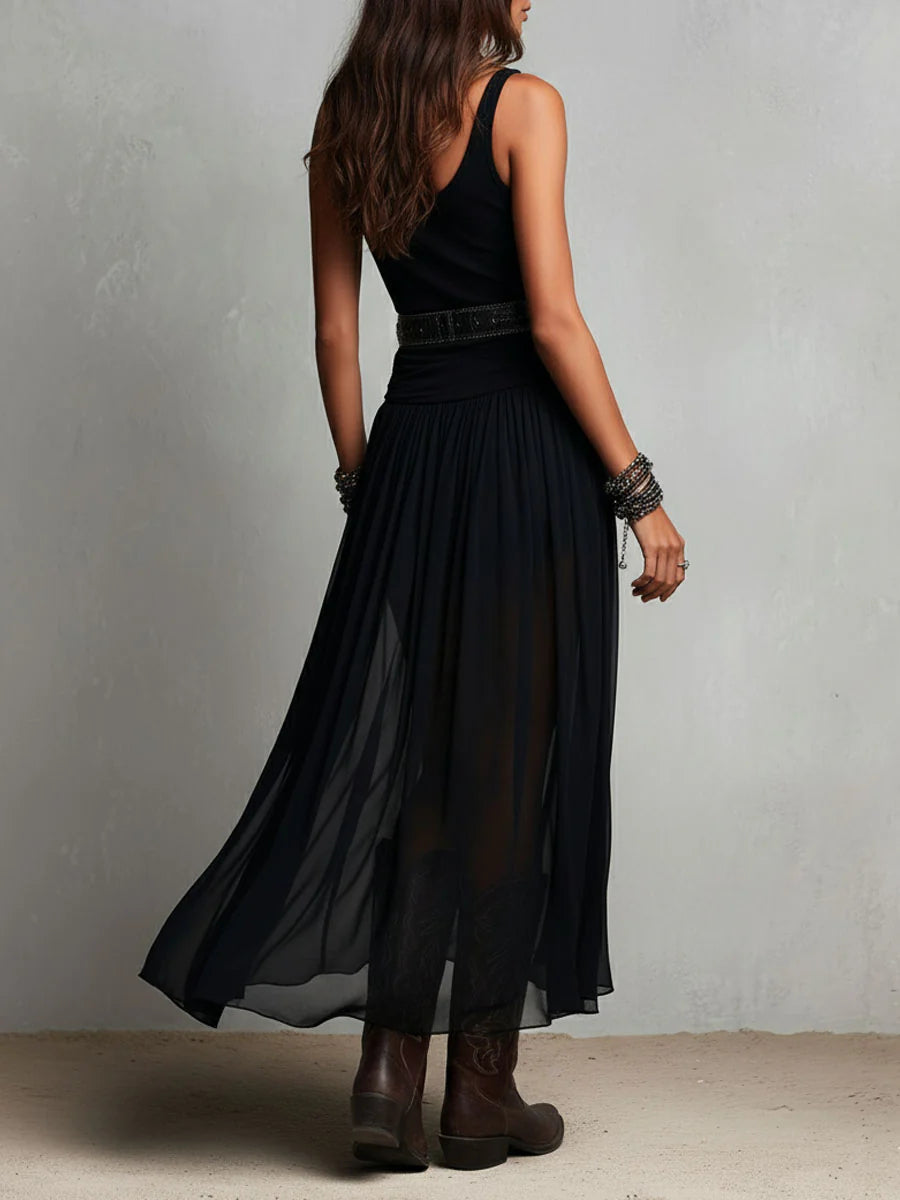 Top senza maniche nero con gonna in tulle, abito maxi (con cintura)