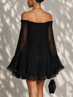Abito Mini a Maniche a Campana Ruffle Nero Off-shoulder