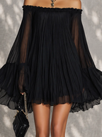 Abito Mini a Maniche a Campana Ruffle Nero Off-shoulder