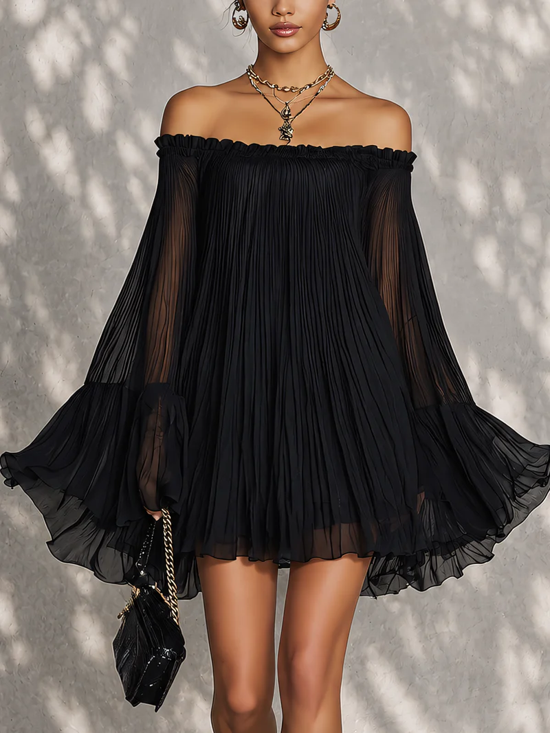 Abito Mini a Maniche a Campana Ruffle Nero Off-shoulder