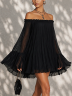 Abito Mini a Maniche a Campana Ruffle Nero Off-shoulder
