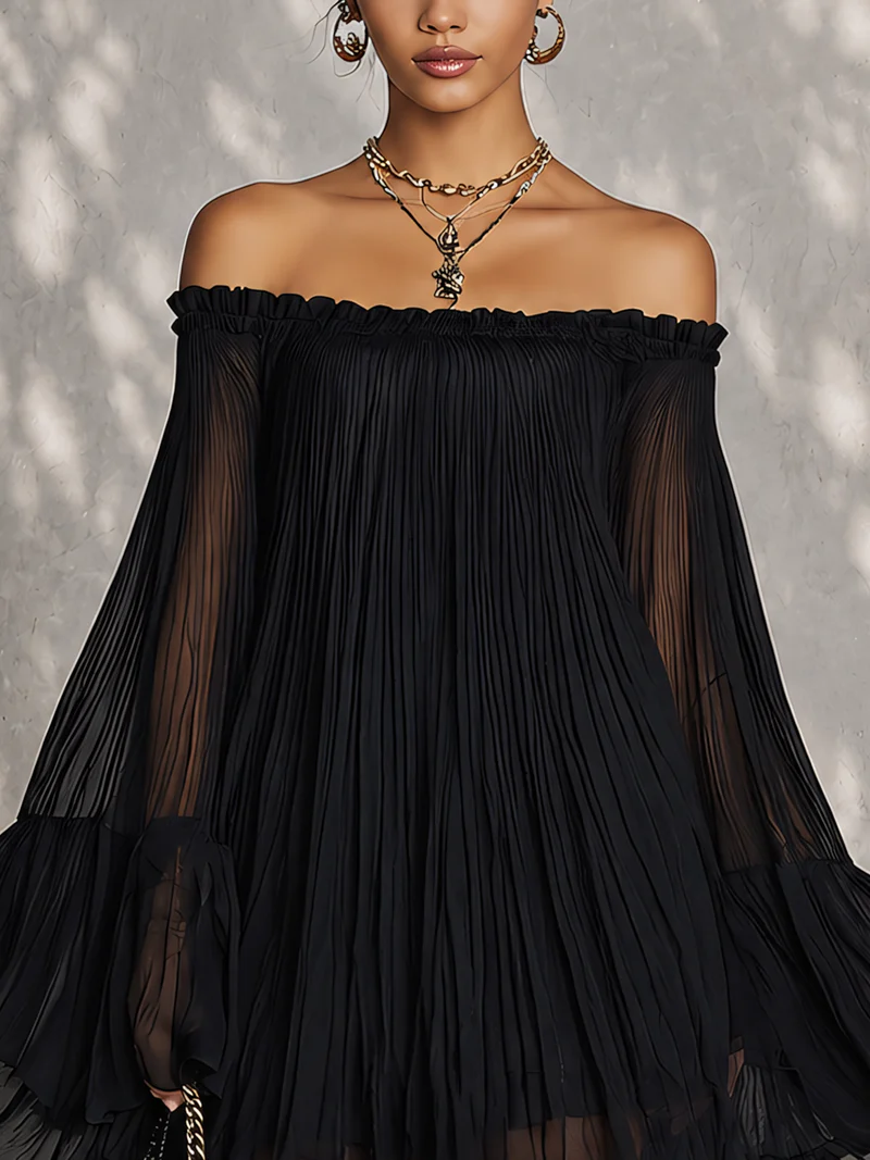 Abito Mini a Maniche a Campana Ruffle Nero Off-shoulder
