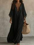 Abito Maxi in Chiffon con Maniche a Pipistrello e Scollatura a V in Pizzo Nero
