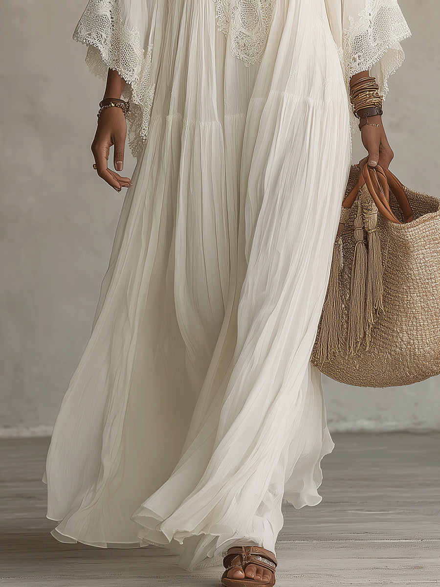 Abito Maxi in Chiffon Bianco con Scollo a V e Maniche a Batwing