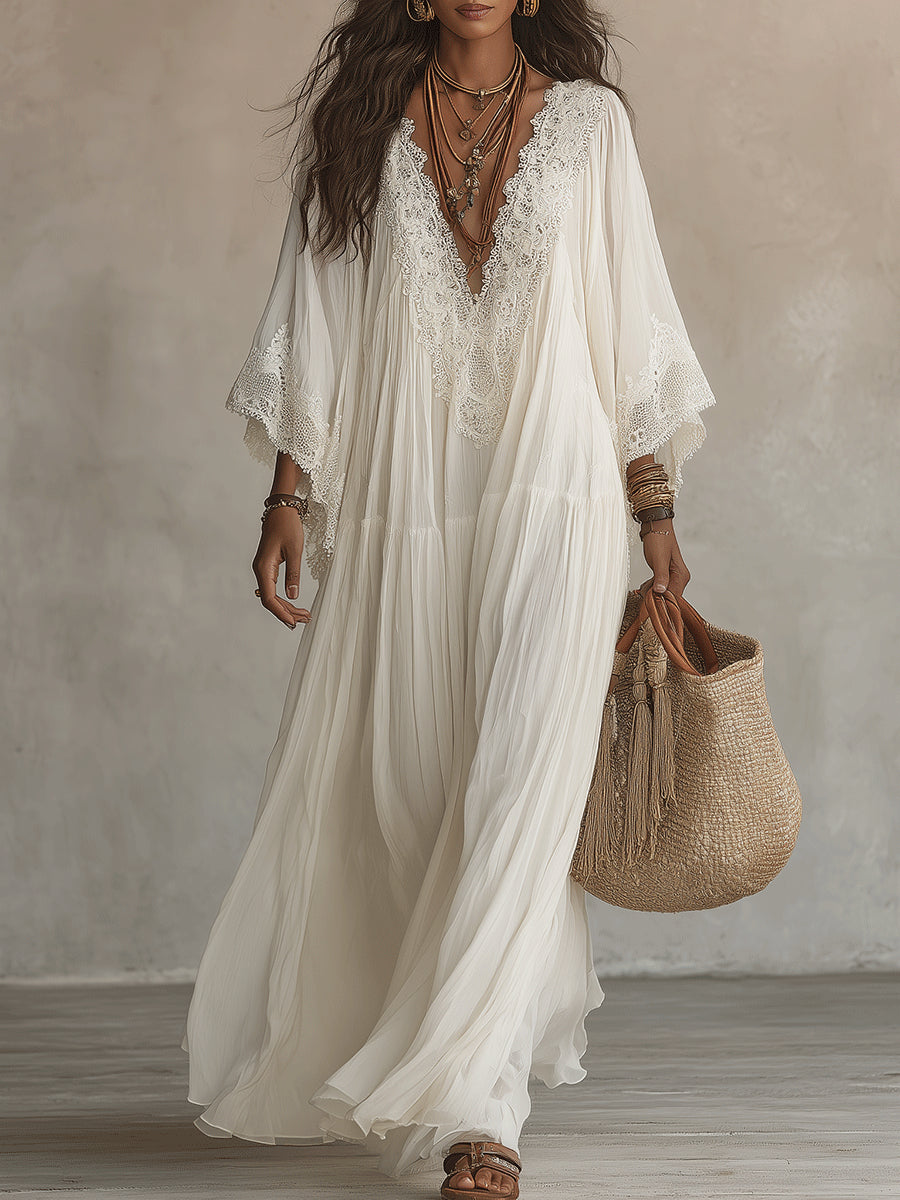 Abito Maxi in Chiffon Bianco con Scollo a V e Maniche a Batwing