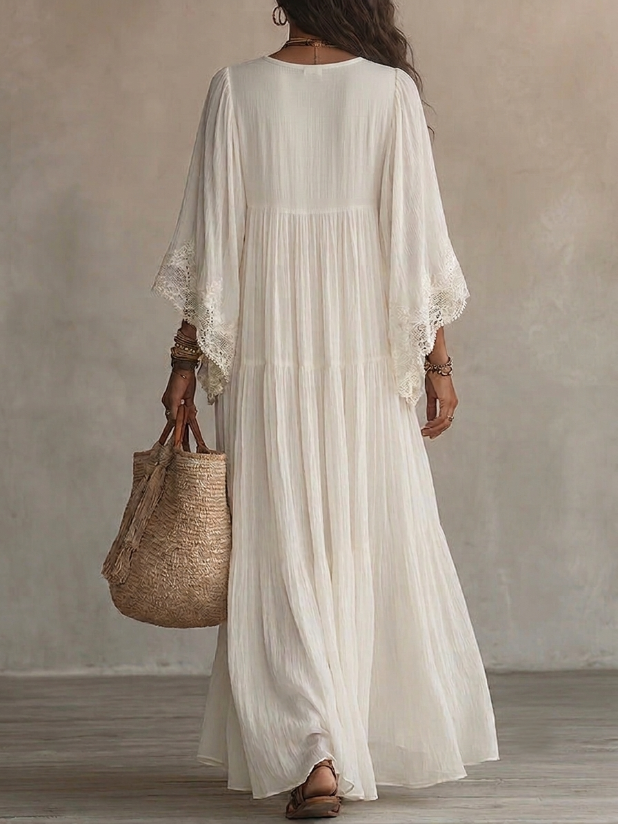 Abito Maxi in Chiffon Bianco con Scollo a V e Maniche a Batwing