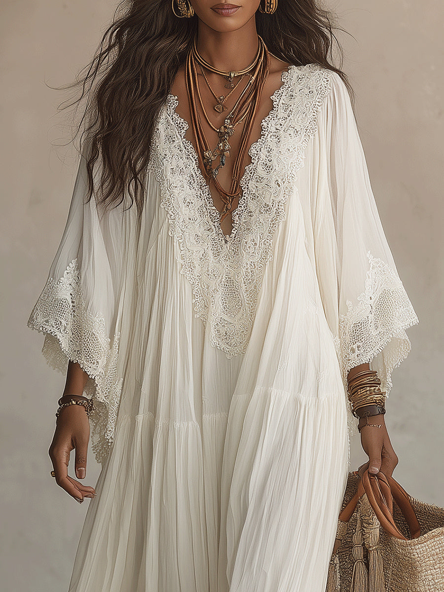 Abito Maxi in Chiffon Bianco con Scollo a V e Maniche a Batwing