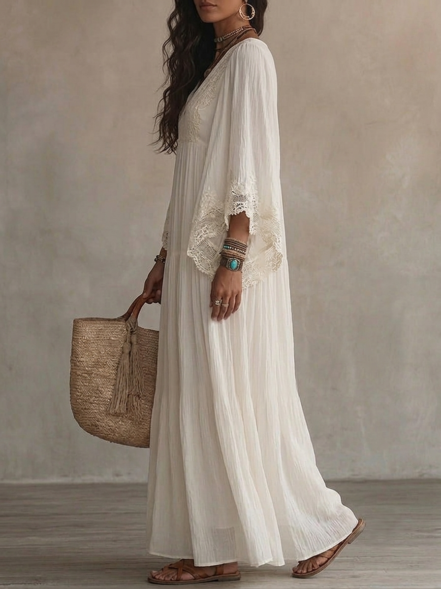 Abito Maxi in Chiffon Bianco con Scollo a V e Maniche a Batwing