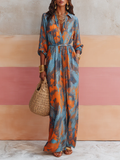 Abito Camicia Fitted Stampato Blu con Scollo a V Mezzo Aperto Abito Maxi per Vacanza