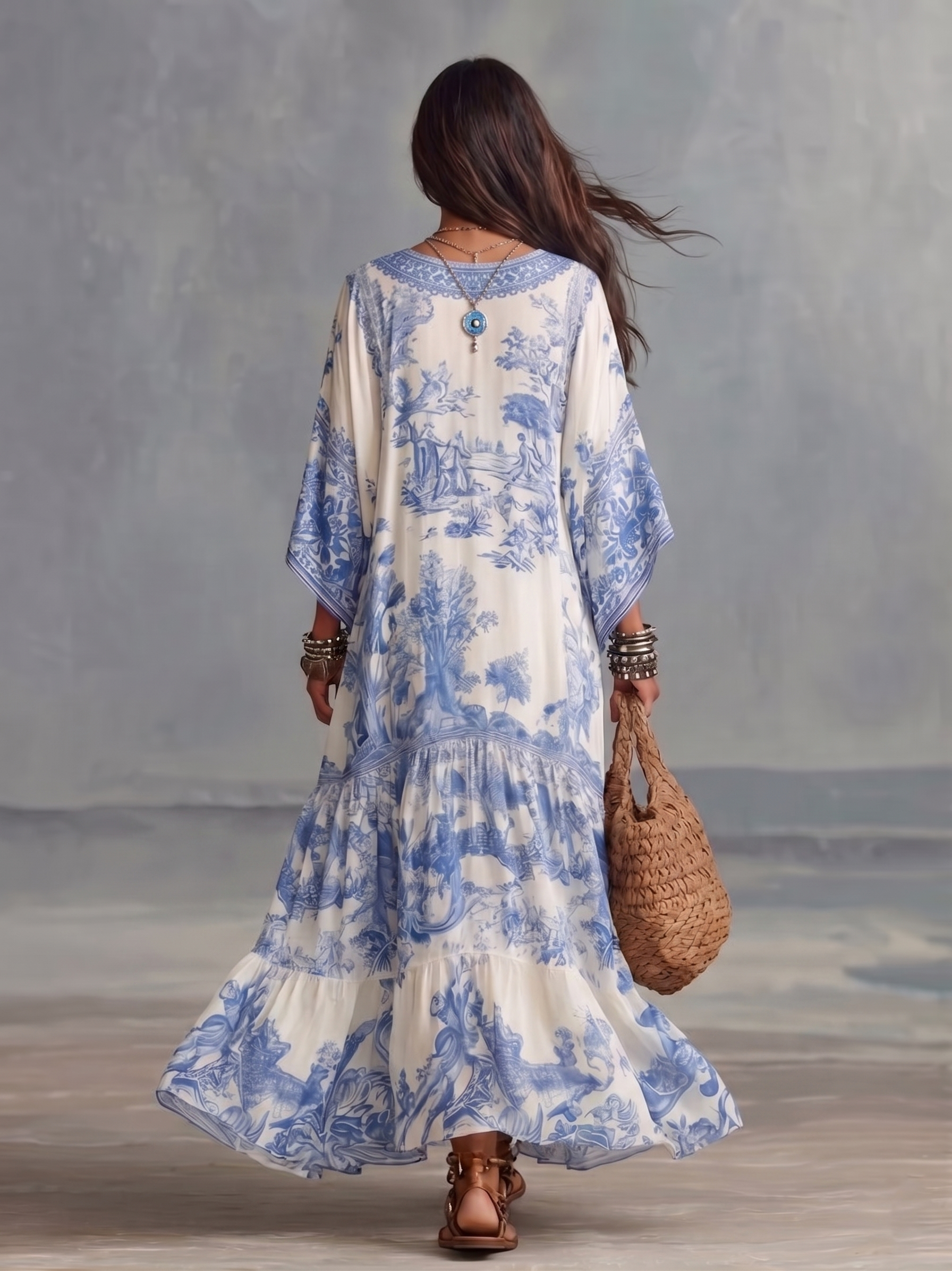 Abito Maxi Resort Kaftan a V con Maniche a Pipistrello in Stampa Floreale Blu e Bianca