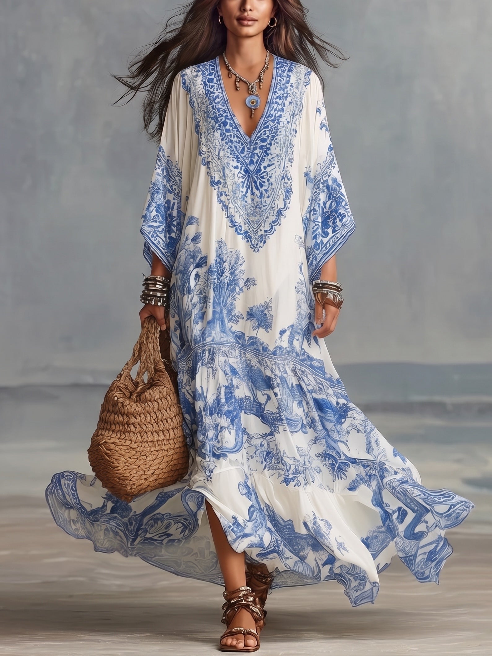Abito Maxi Resort Kaftan a V con Maniche a Pipistrello in Stampa Floreale Blu e Bianca