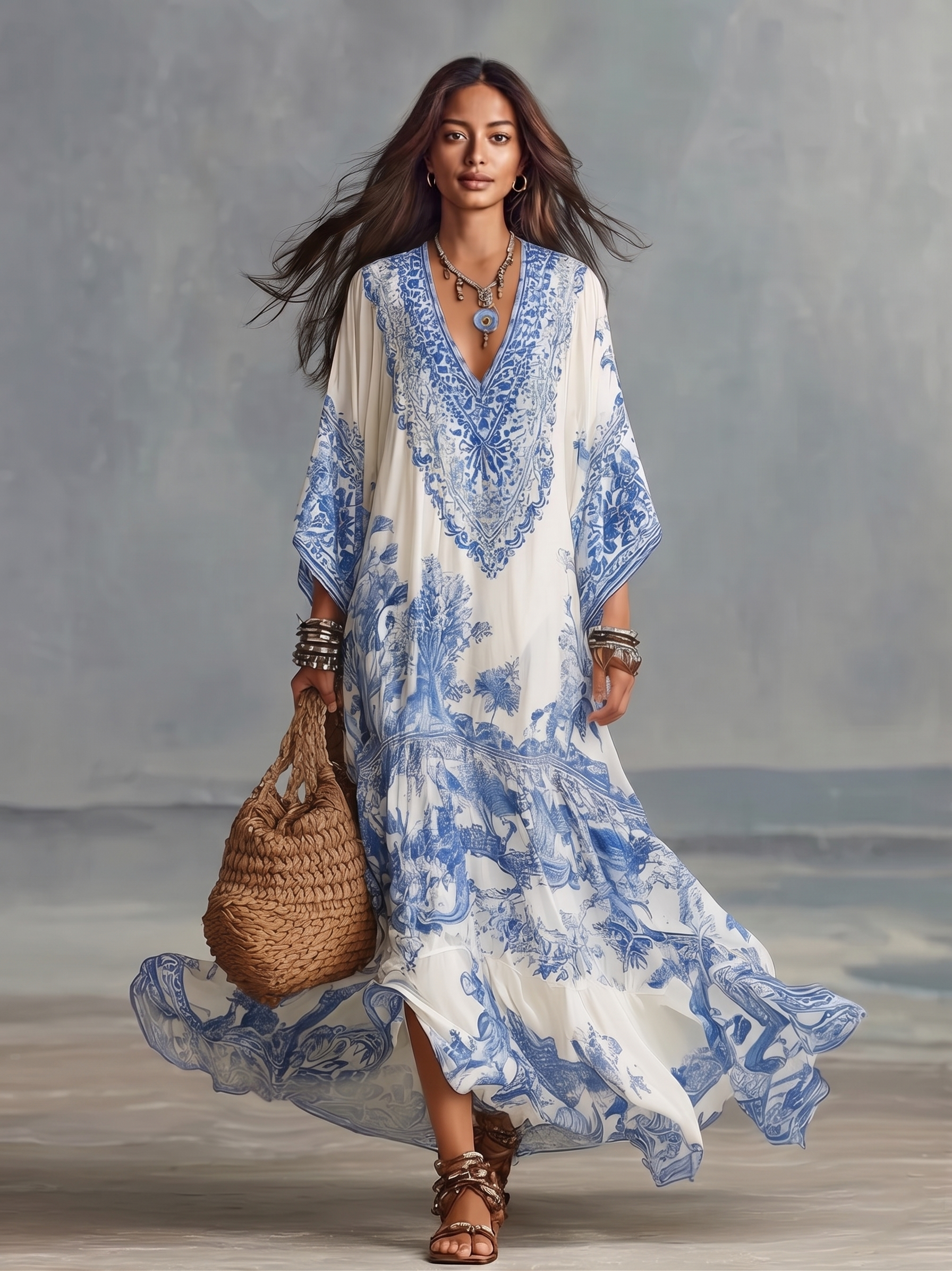 Abito Maxi Resort Kaftan a V con Maniche a Pipistrello in Stampa Floreale Blu e Bianca