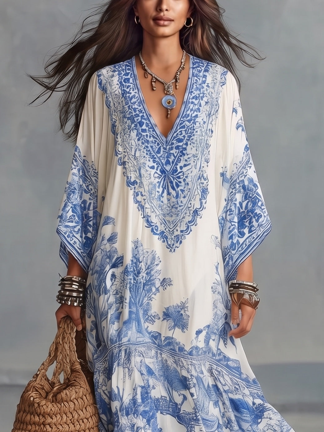 Abito Maxi Resort Kaftan a V con Maniche a Pipistrello in Stampa Floreale Blu e Bianca