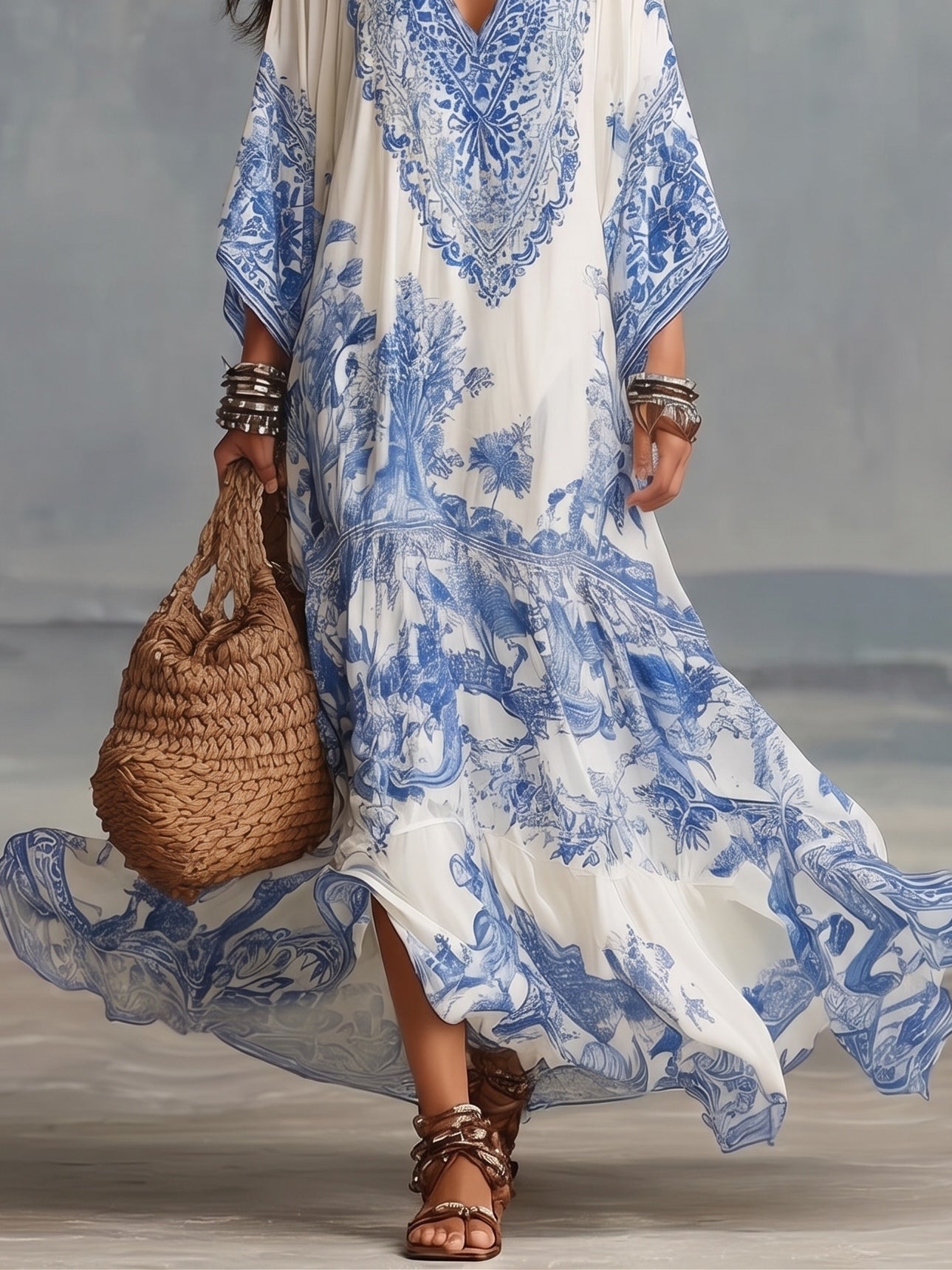 Abito Maxi Resort Kaftan a V con Maniche a Pipistrello in Stampa Floreale Blu e Bianca