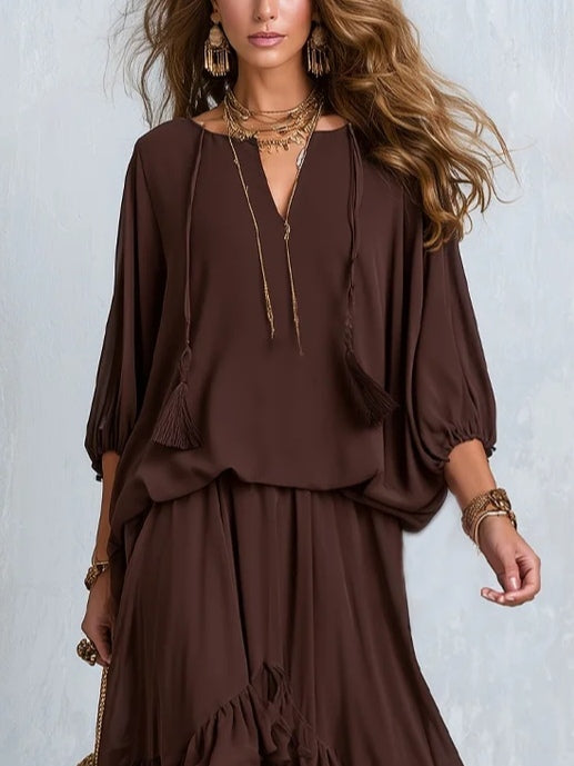 Diletta | Completo top + gonna a balze in chiffon marrone