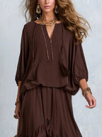 Diletta | Completo top + gonna a balze in chiffon marrone
