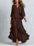 Diletta | Completo top + gonna a balze in chiffon marrone