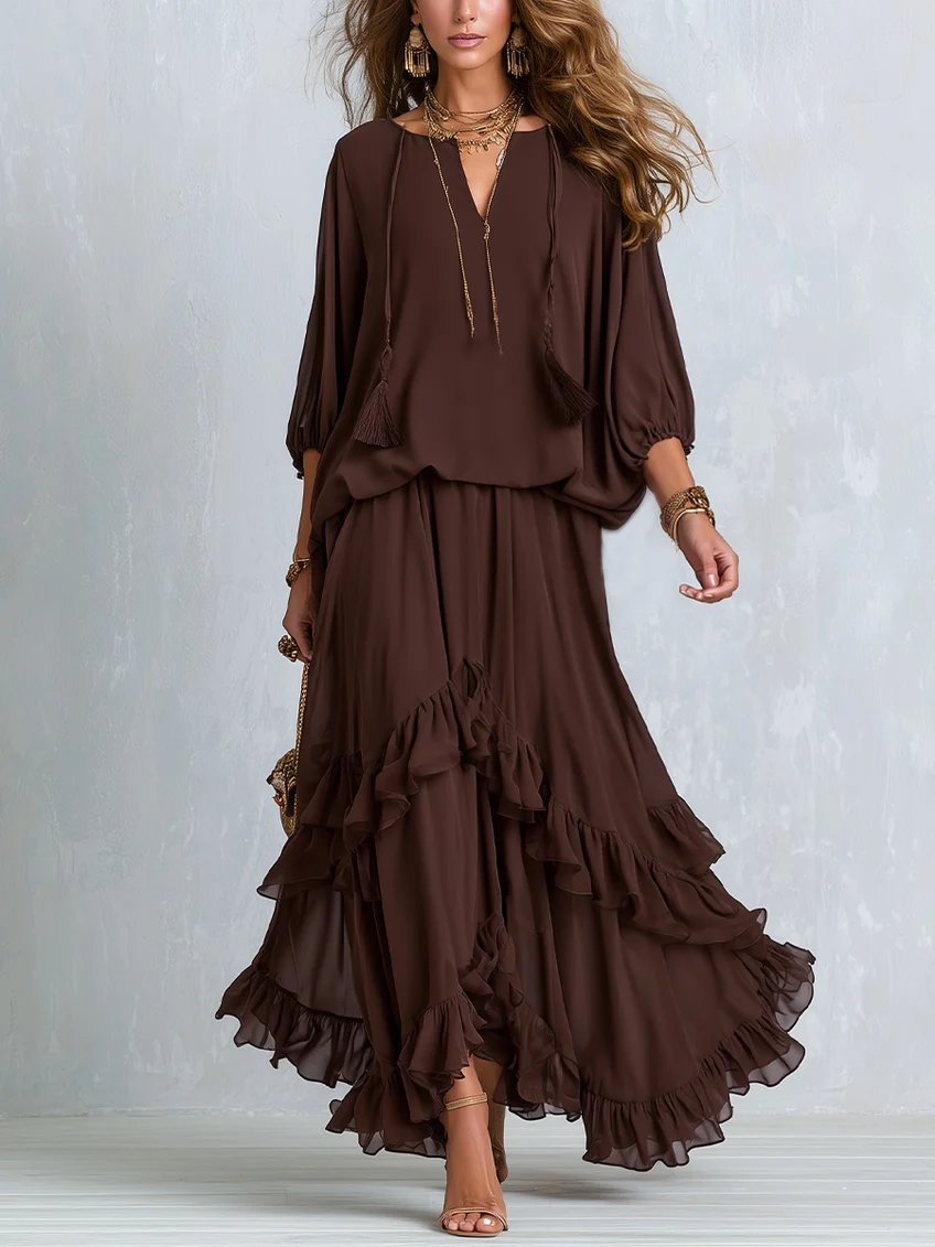 Diletta | Completo top + gonna a balze in chiffon marrone