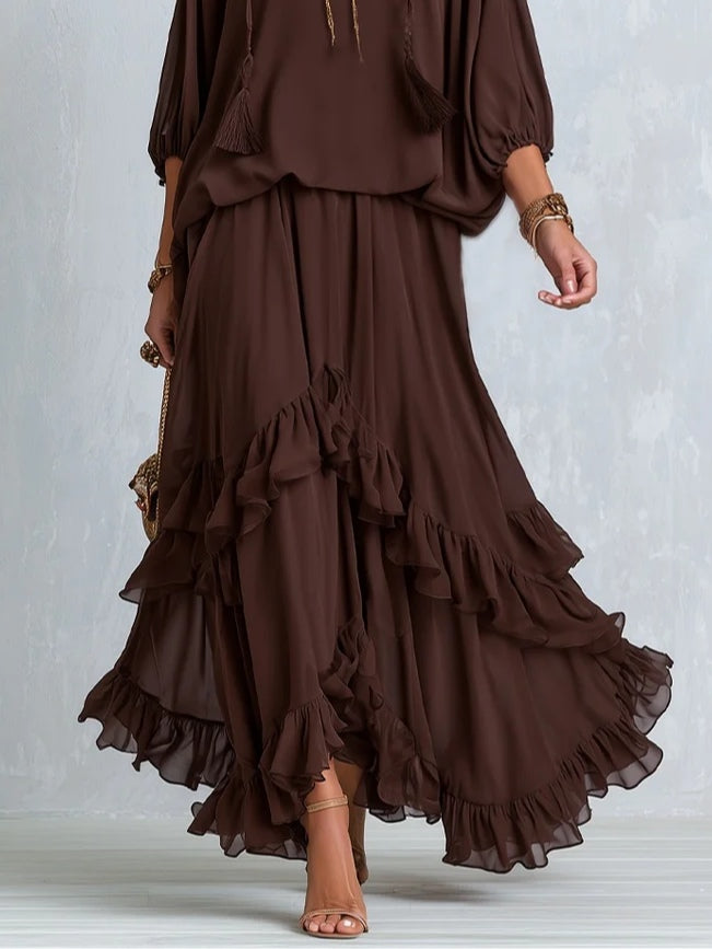 Diletta | Completo top + gonna a balze in chiffon marrone