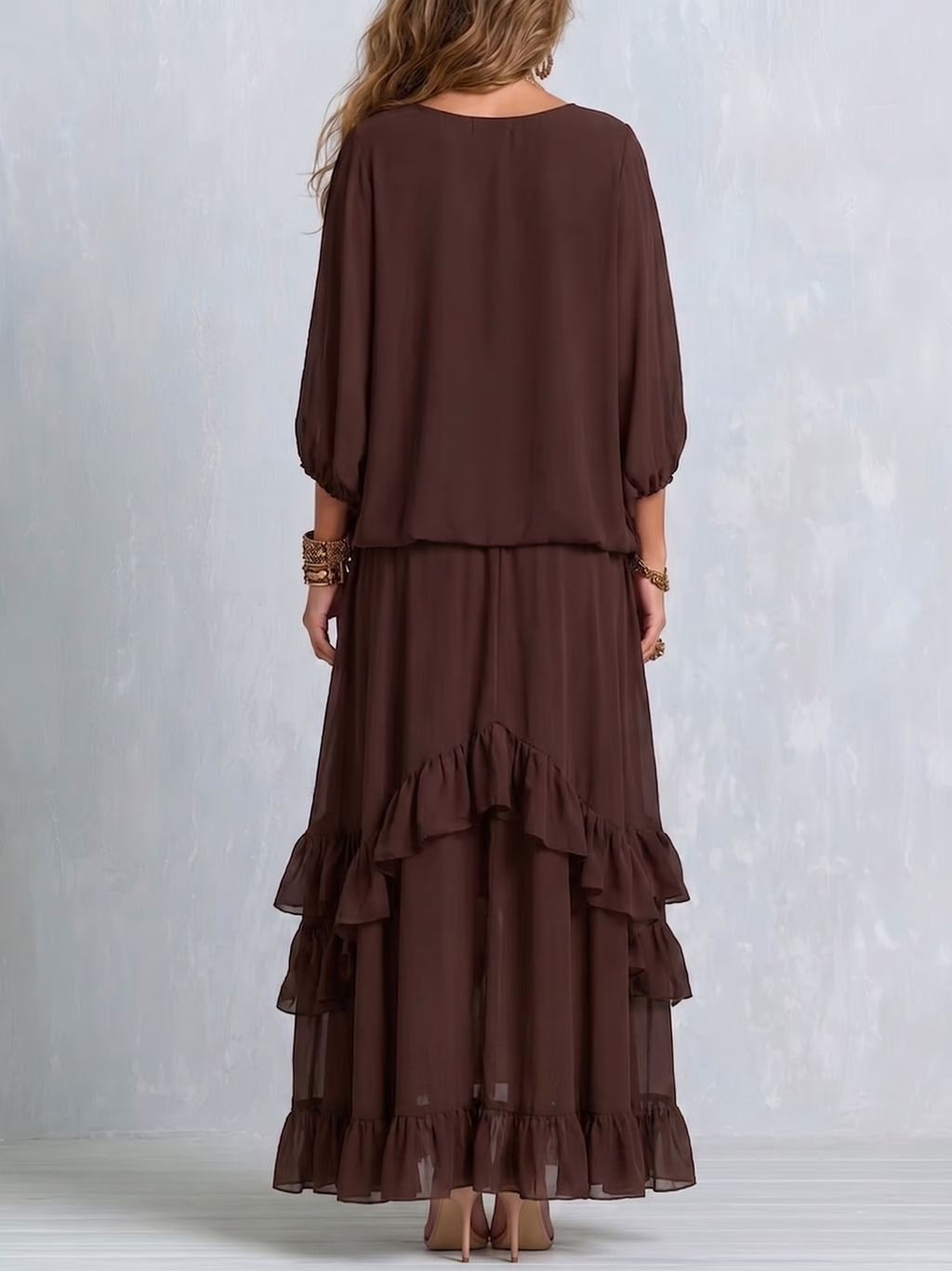 Diletta | Completo top + gonna a balze in chiffon marrone