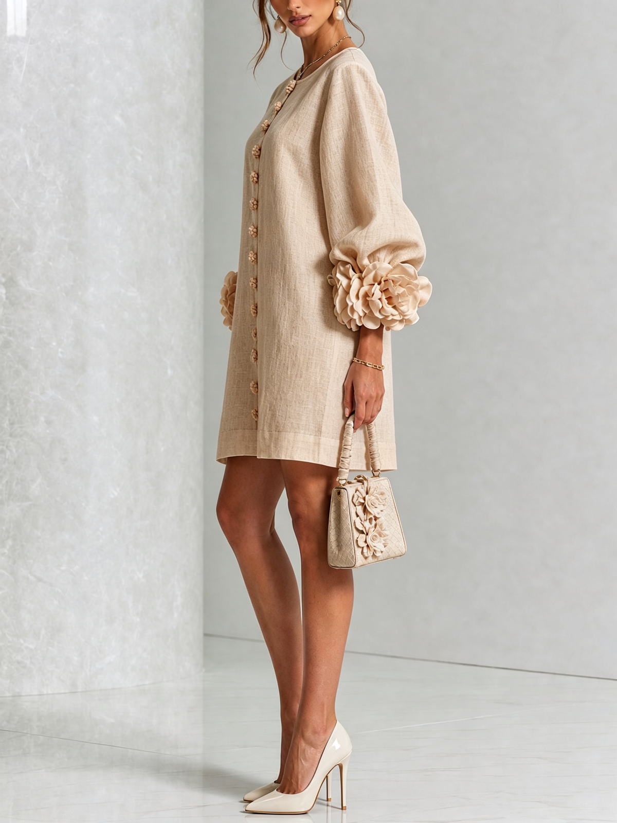 Camilla | Abito Mini in Misto Lino con Polsini a Rosa, Bianco