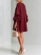 Camilla | Abito Mini in Misto Lino con Polsini a Rosa, Bianco