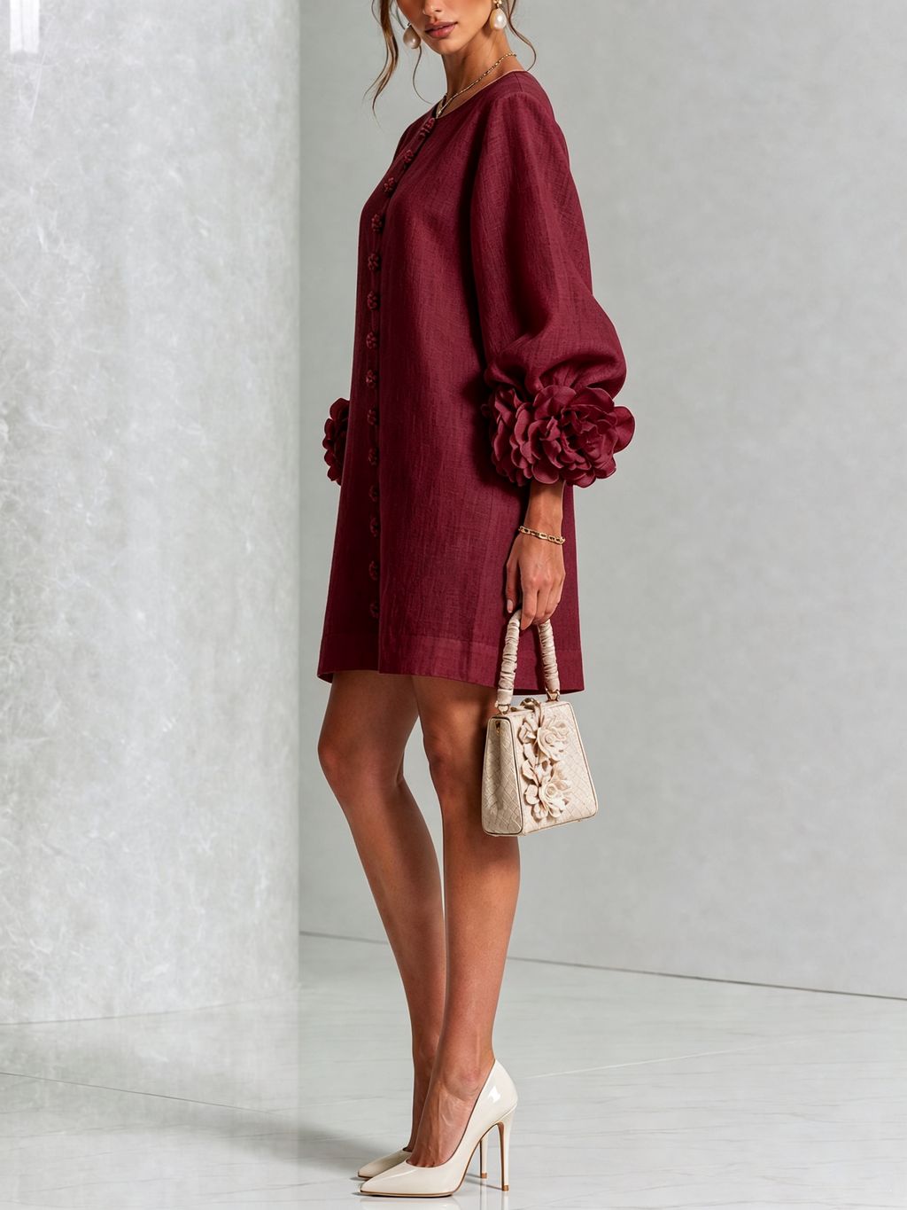Camilla | Abito Mini in Misto Lino con Polsini a Rosa, Bianco