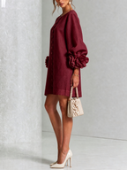 Camilla | Abito Mini in Misto Lino con Polsini a Rosa, Bianco