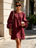 Camilla | Abito Mini in Misto Lino con Polsini a Rosa, Bianco