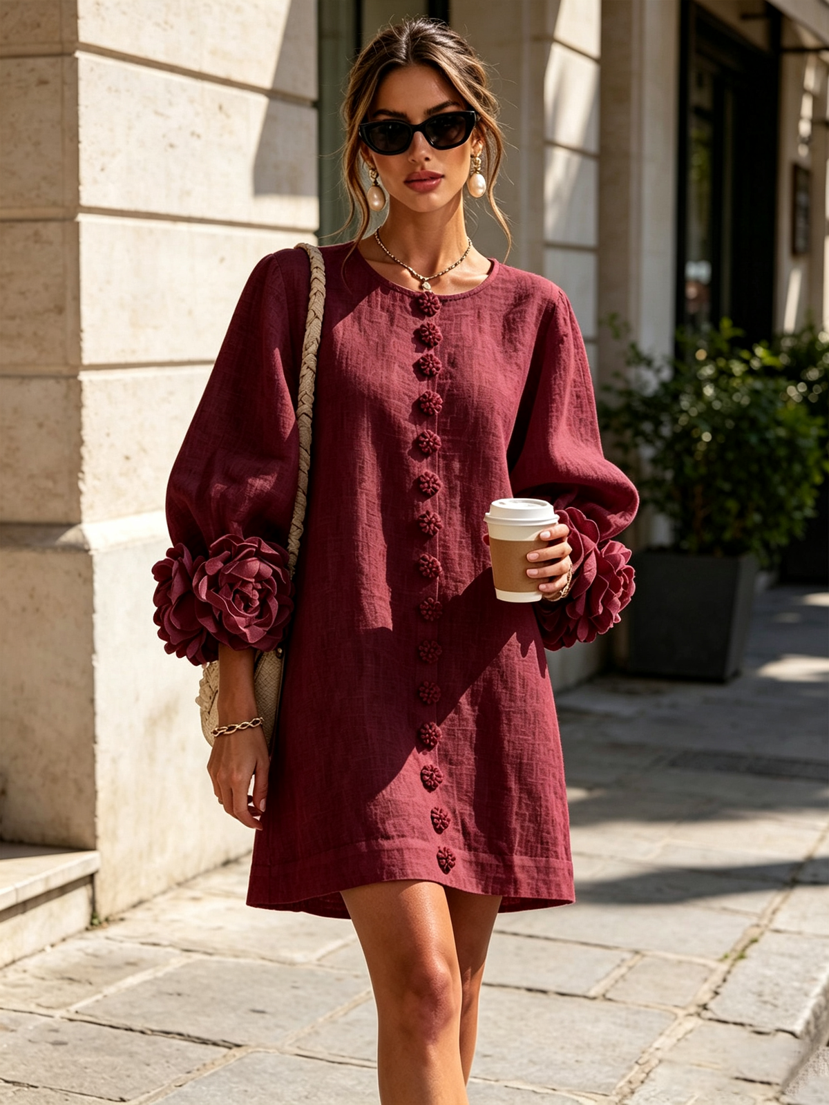 Camilla | Abito Mini in Misto Lino con Polsini a Rosa, Bianco