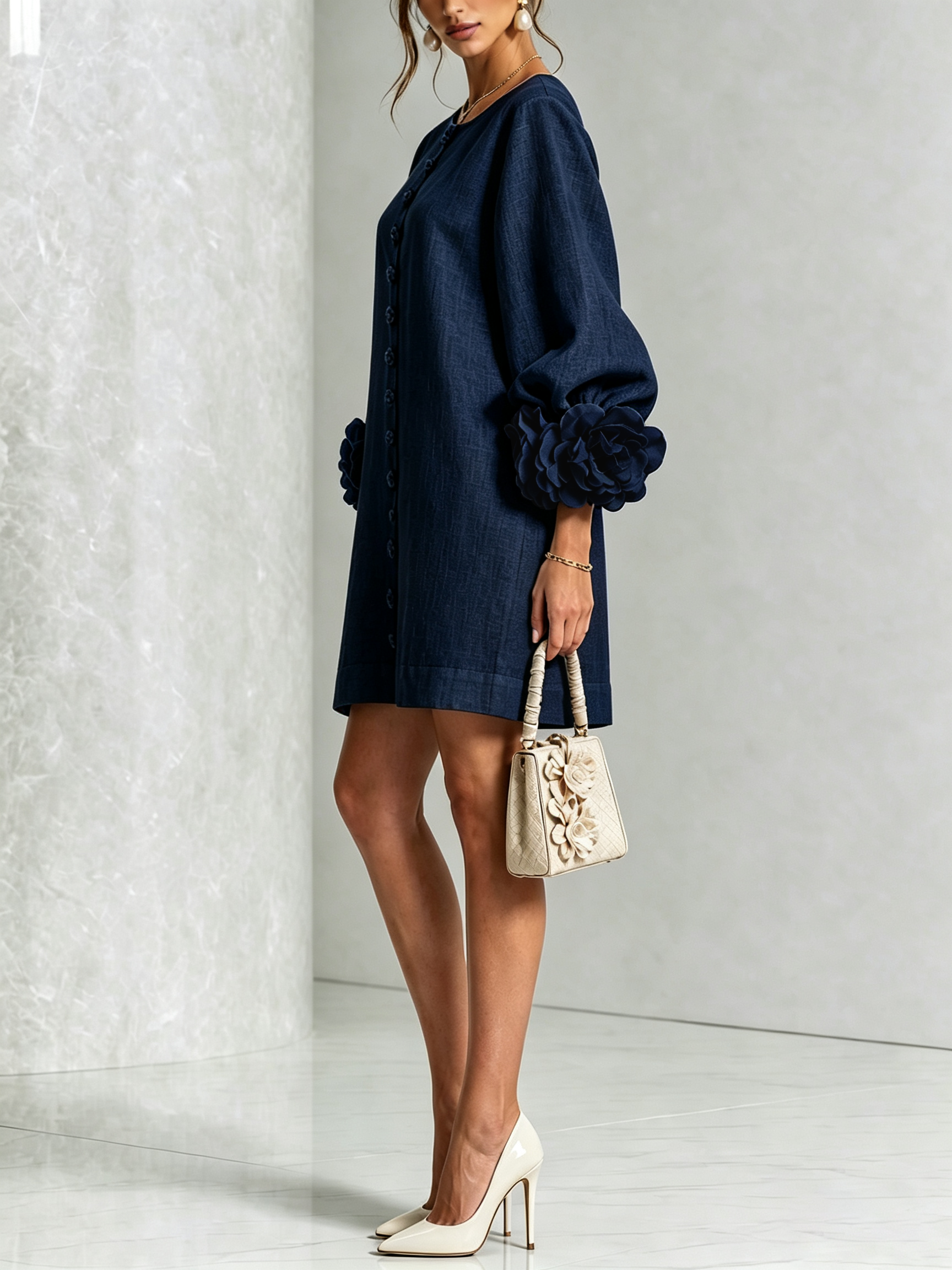 Camilla | Abito Mini in Misto Lino con Polsini a Rosa, Bianco