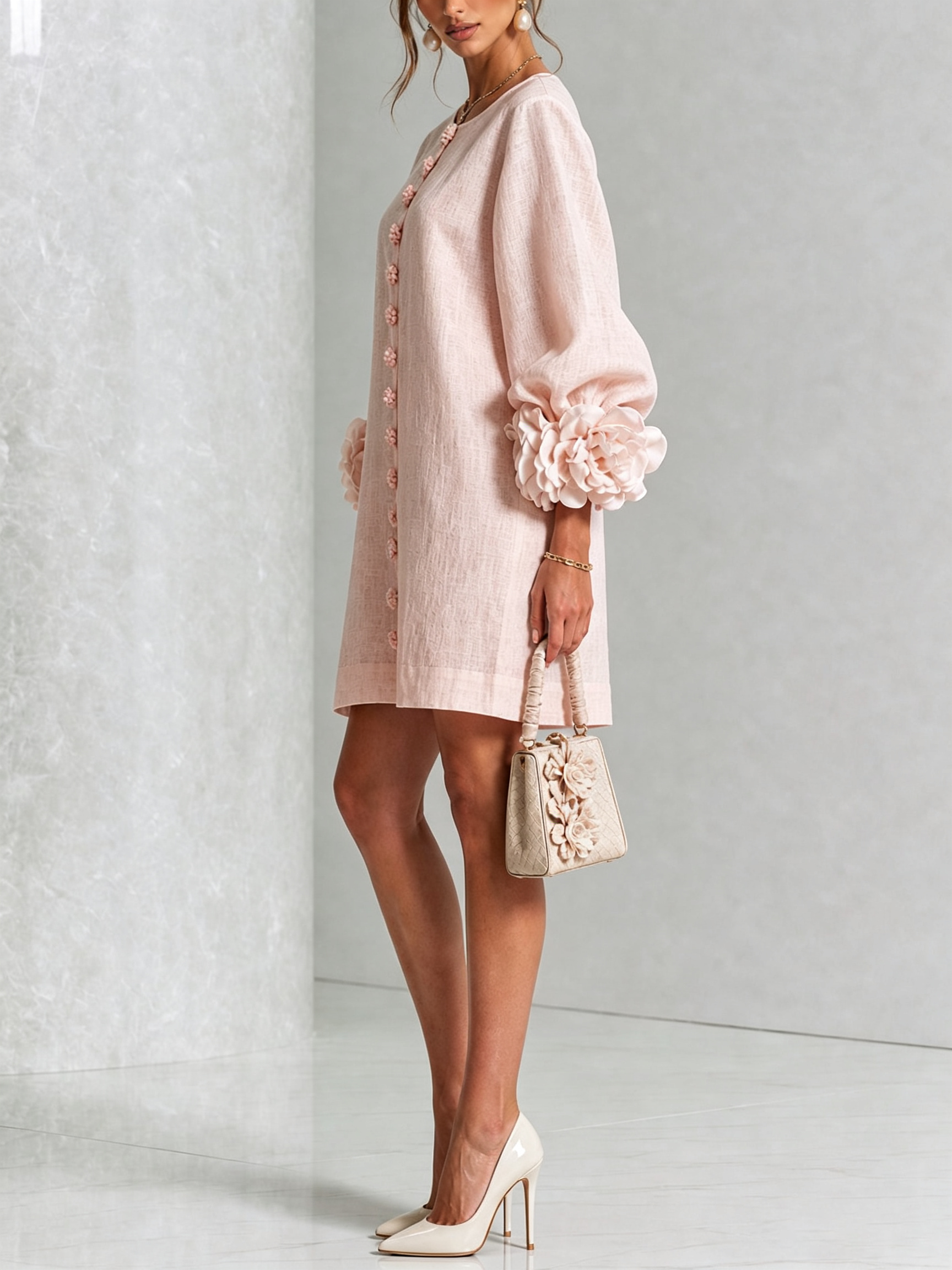 Camilla | Abito Mini in Misto Lino con Polsini a Rosa, Bianco