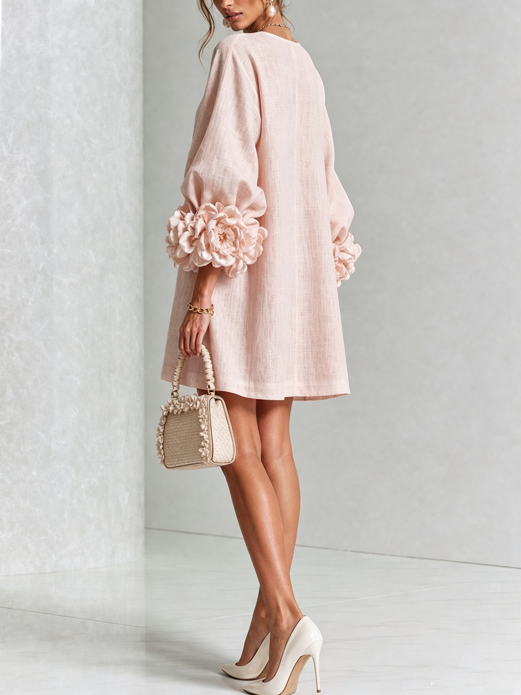 Camilla | Abito Mini in Misto Lino con Polsini a Rosa, Bianco