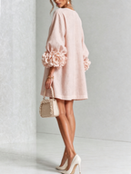 Camilla | Abito Mini in Misto Lino con Polsini a Rosa, Bianco
