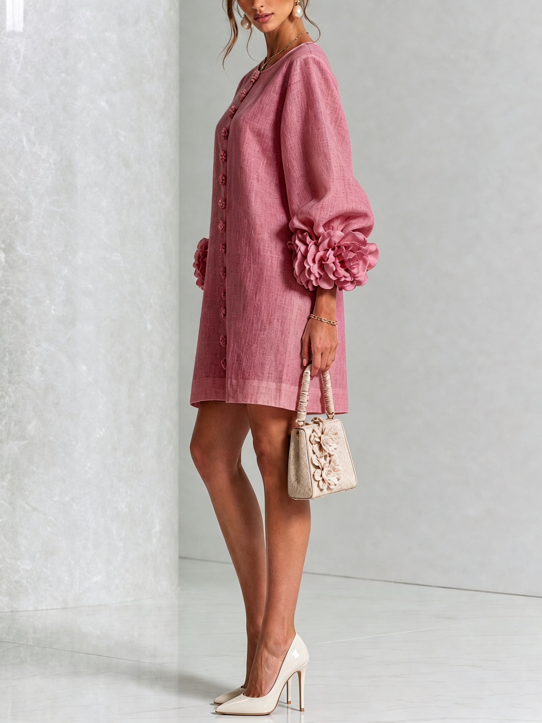 Camilla | Abito Mini in Misto Lino con Polsini a Rosa, Bianco