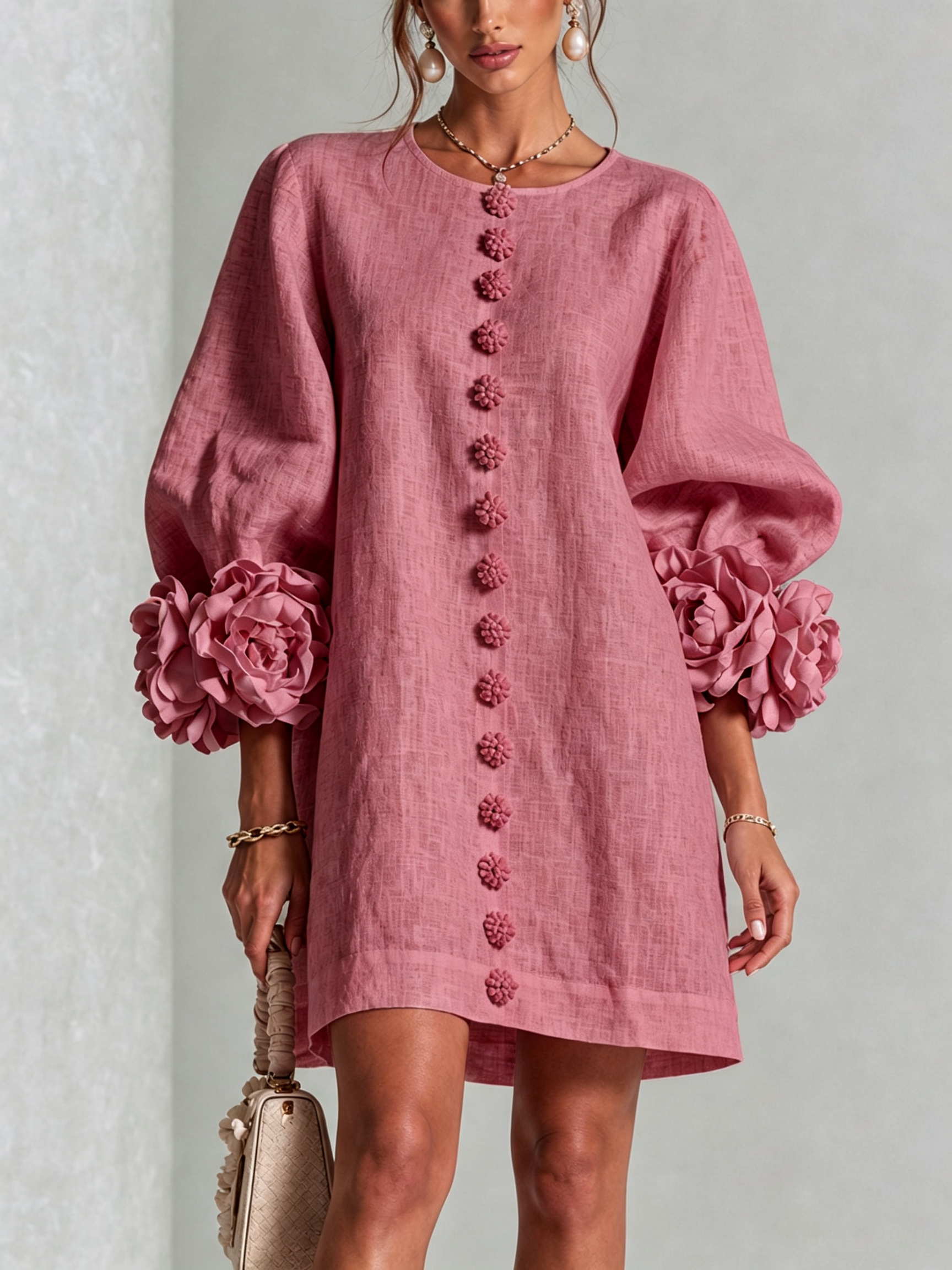 Camilla | Abito Mini in Misto Lino con Polsini a Rosa, Bianco