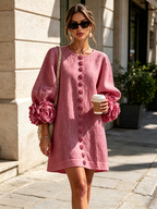 Camilla | Abito Mini in Misto Lino con Polsini a Rosa, Bianco