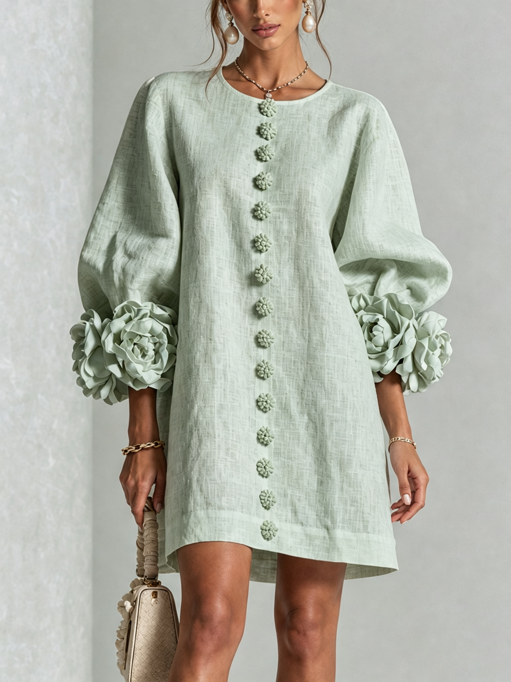 Camilla | Abito Mini in Misto Lino con Polsini a Rosa, Bianco