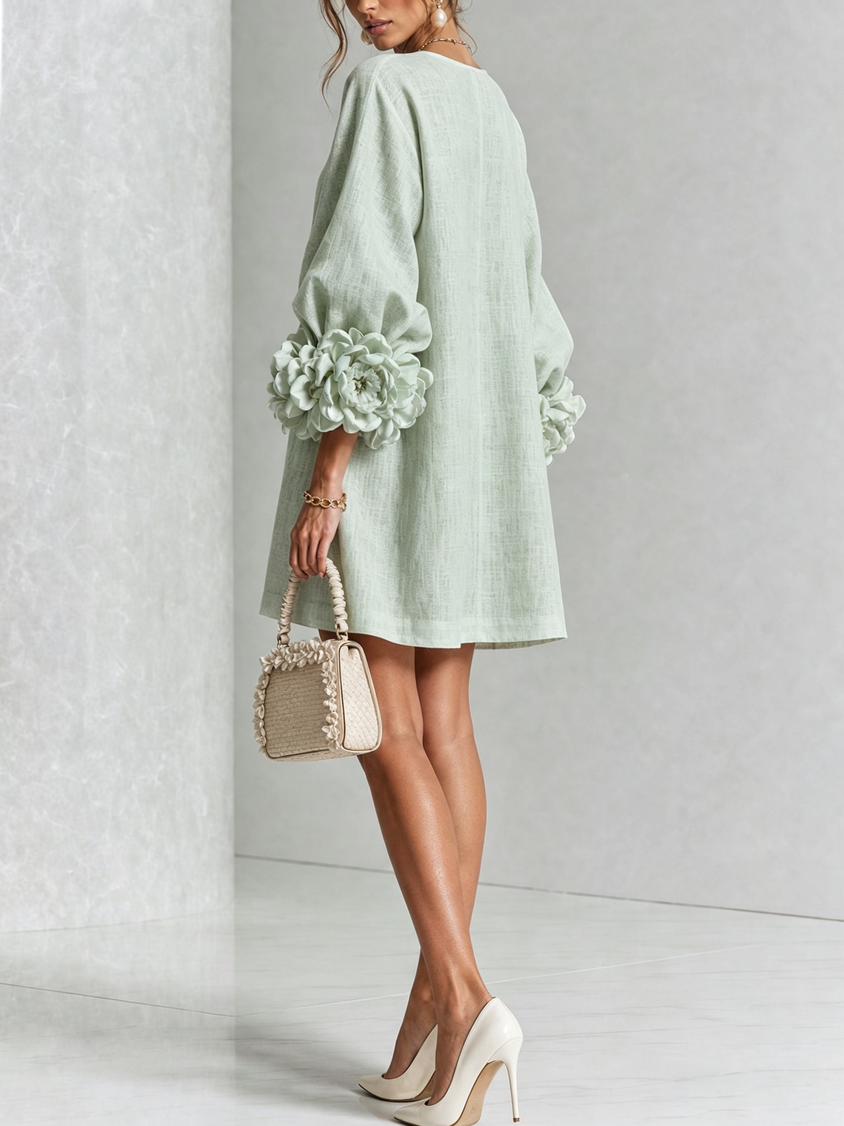 Camilla | Abito Mini in Misto Lino con Polsini a Rosa, Bianco