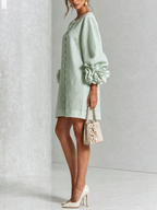 Camilla | Abito Mini in Misto Lino con Polsini a Rosa, Bianco