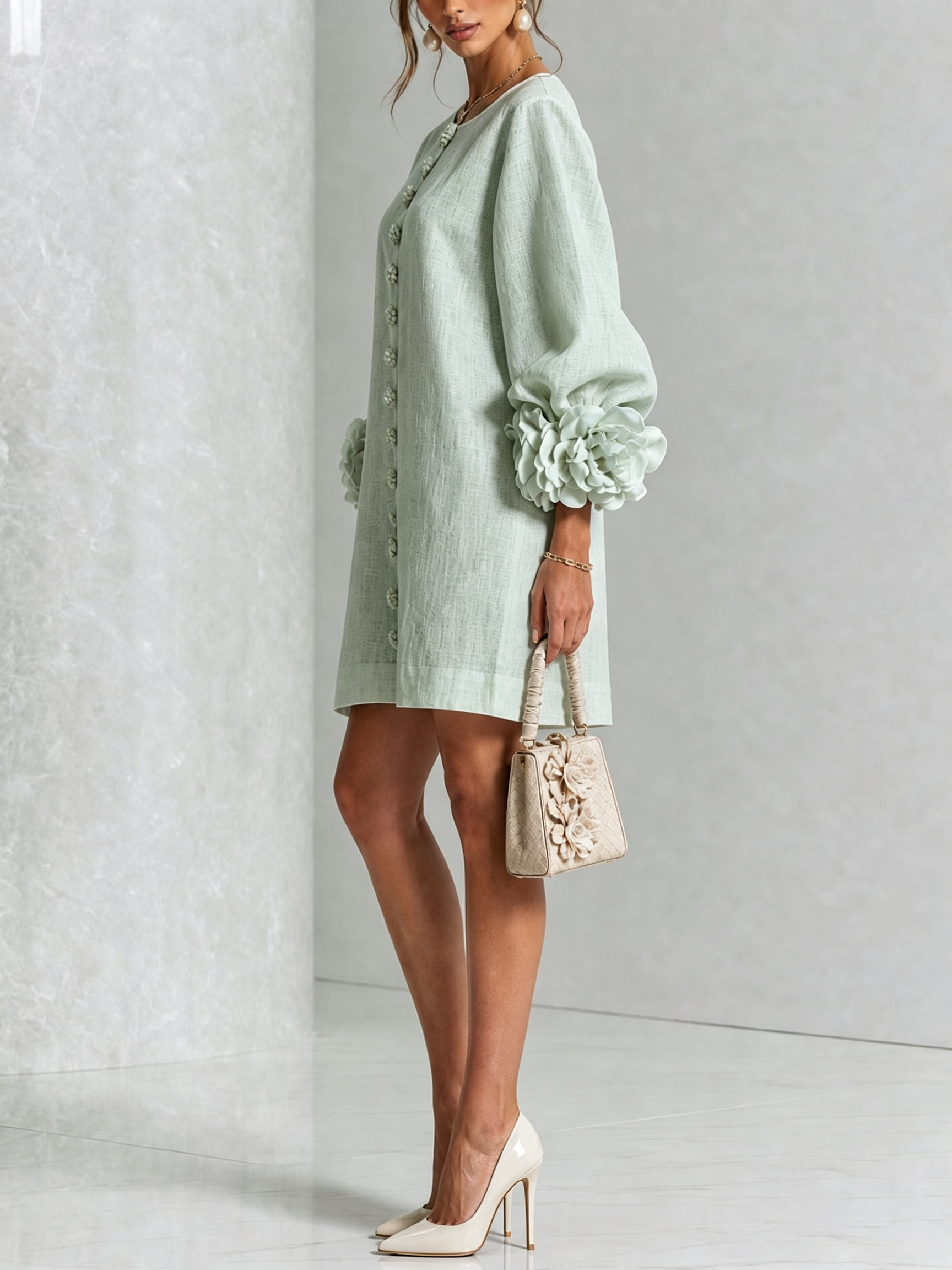 Camilla | Abito Mini in Misto Lino con Polsini a Rosa, Bianco