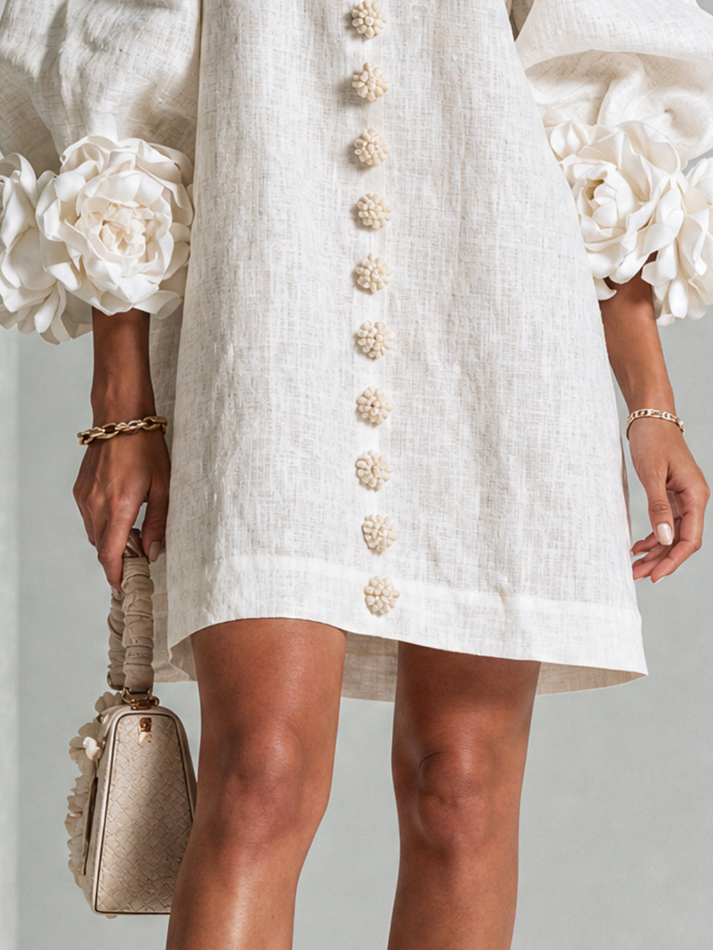 Camilla | Abito Mini in Misto Lino con Polsini a Rosa, Bianco