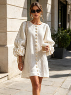 Camilla | Abito Mini in Misto Lino con Polsini a Rosa, Bianco