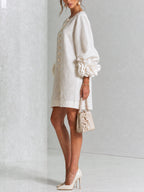 Camilla | Abito Mini in Misto Lino con Polsini a Rosa, Bianco