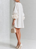 Camilla | Abito Mini in Misto Lino con Polsini a Rosa, Bianco